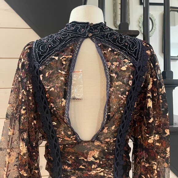 071 Free People Camille Embellished Beaded Foil Statement Top Blouse - Picture 11 of 14